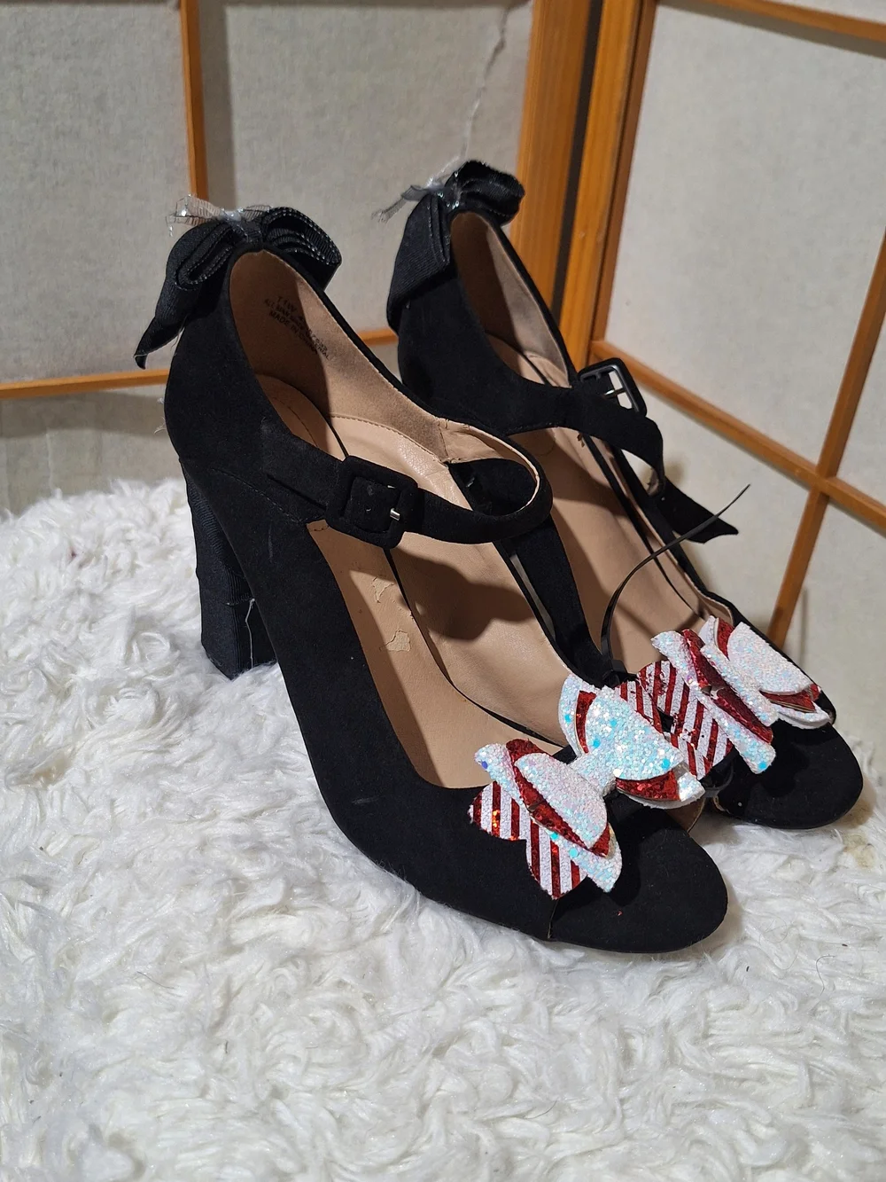 Black Suede Block Heel Mary Jane Pumps with Decorative Bows